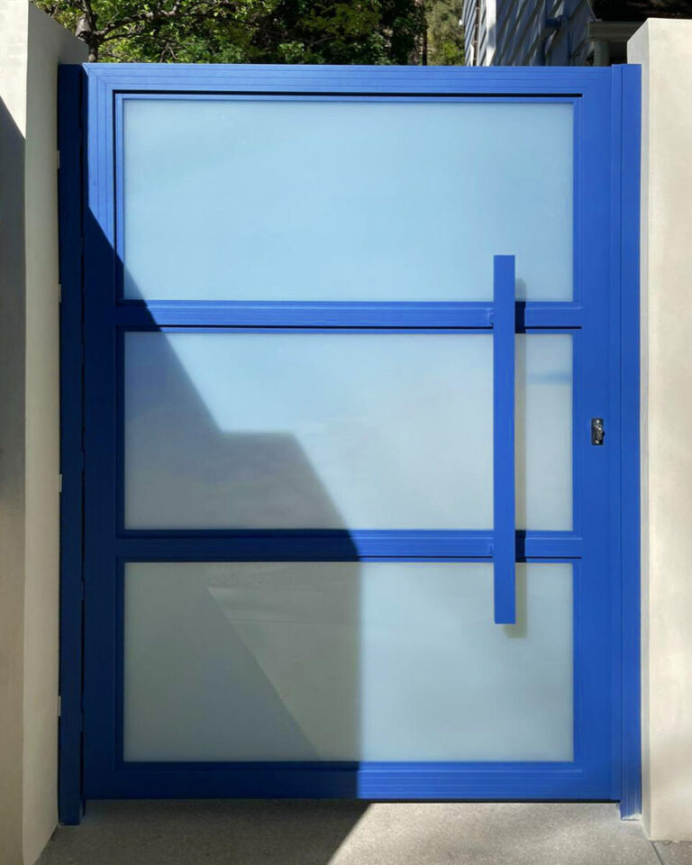 BestOf - White Glass Blue Aluminum Pedestrian Gate, Mulholland brand, mulholland gates