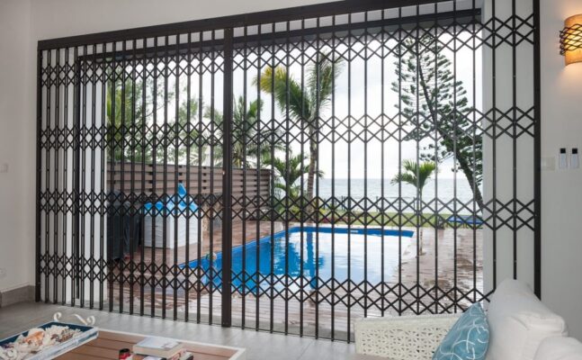 Aluminum security bars, Mulholland brand, retractable security bars, home safety 