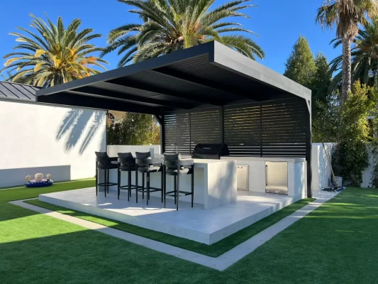 white modern aluminum pergola for backyard outdoor space